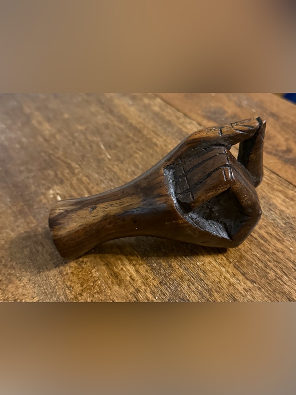 Folk Art Hand Carved Wood Hand Sculpture, Brown Natural Finish, Wood Grain